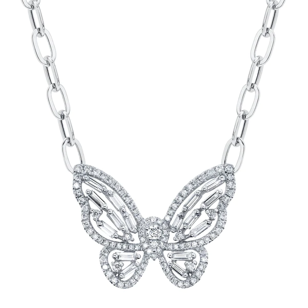 14K Gold Baguette Diamond Butterfly Necklace