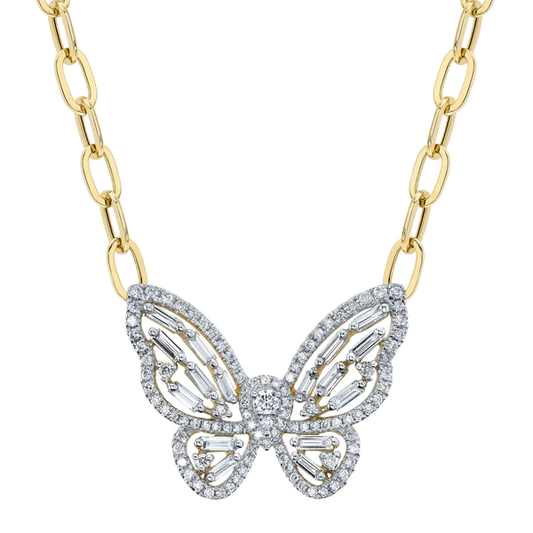 14K Gold Baguette Diamond Butterfly Necklace