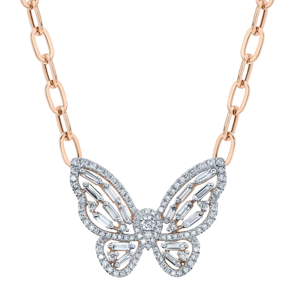 14K Gold Baguette Diamond Butterfly Necklace