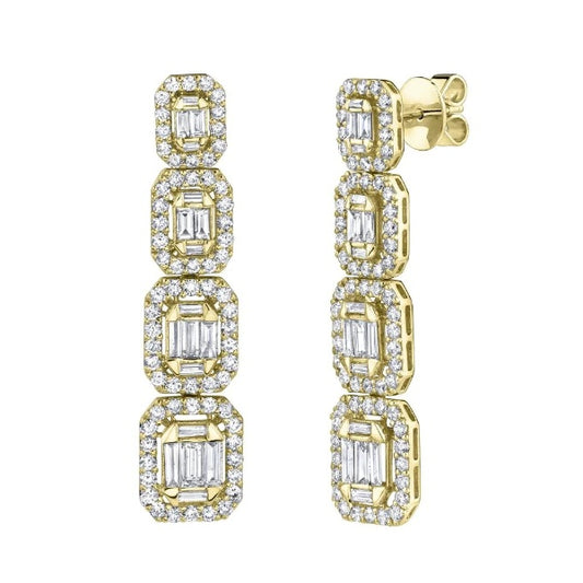 14K Gold 3.19 CT Baguette Diamond Earrings Emerald Shape Drop Dangle Natural