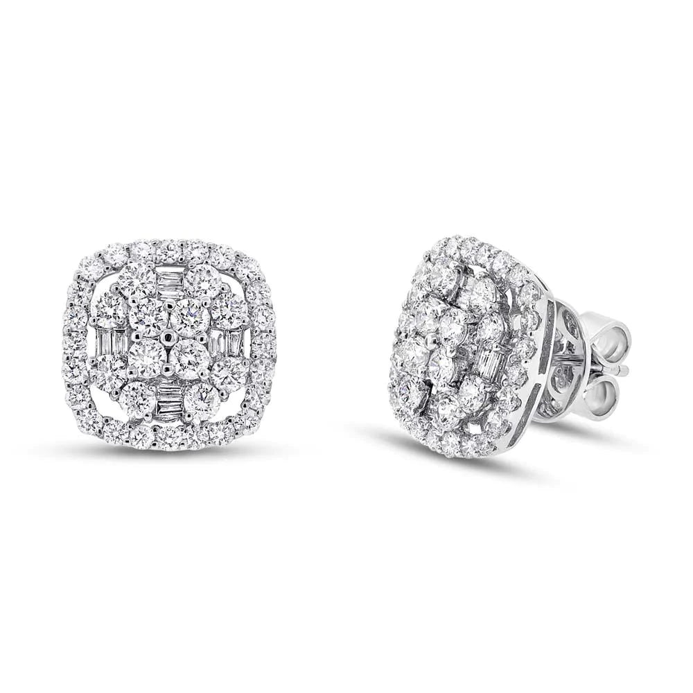 18K Gold 1.94 CT Round Baguette Diamond Square Cushion Stud Earrings