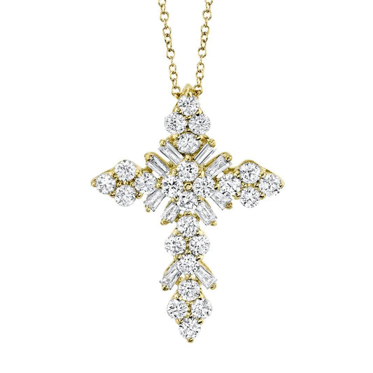 14K Gold 0.60 CT Diamond Baguette Cross Necklace