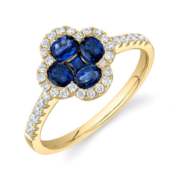 14K Gold 1.50 CT Diamond Sapphire Clover Ring