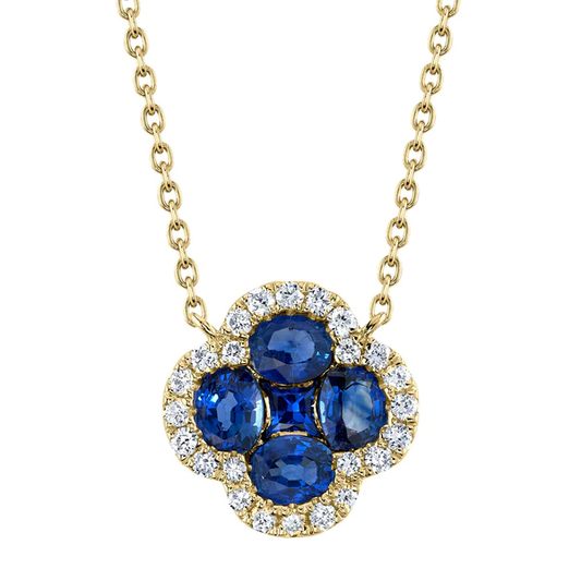 14K Gold Blue Sapphire Diamond Clover Necklace