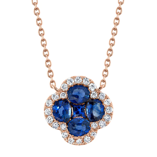 14K Gold Blue Sapphire Diamond Clover Necklace