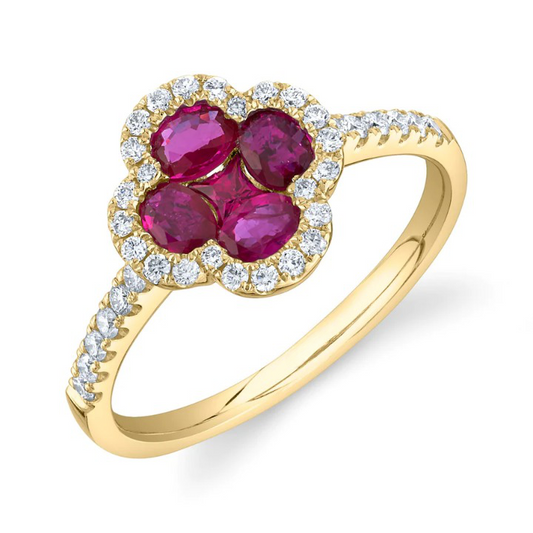 14K Gold 1.23 CT Diamond Ruby Clover Ring