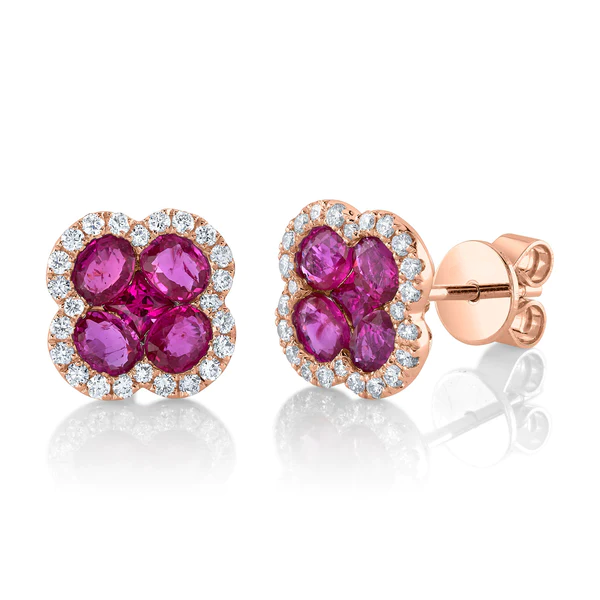 14K White Gold Diamond Ruby Clover Stud Earrings