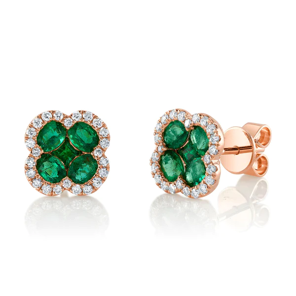 14K Gold Diamond Emerald Stud Earrings