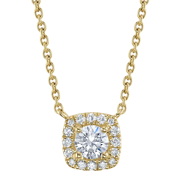 14K Gold Diamond Cushion Halo Necklace