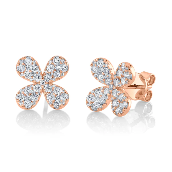 14K Gold Diamond Flower Stud Earrings