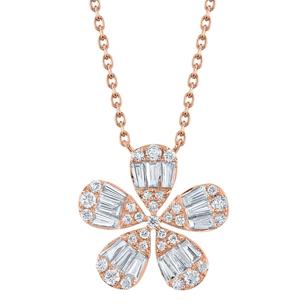 14K Gold Baguette Diamond Flower Necklace