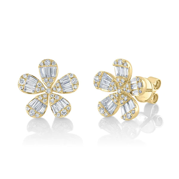 14K Gold Diamond Baguette Flower Stud Earrings