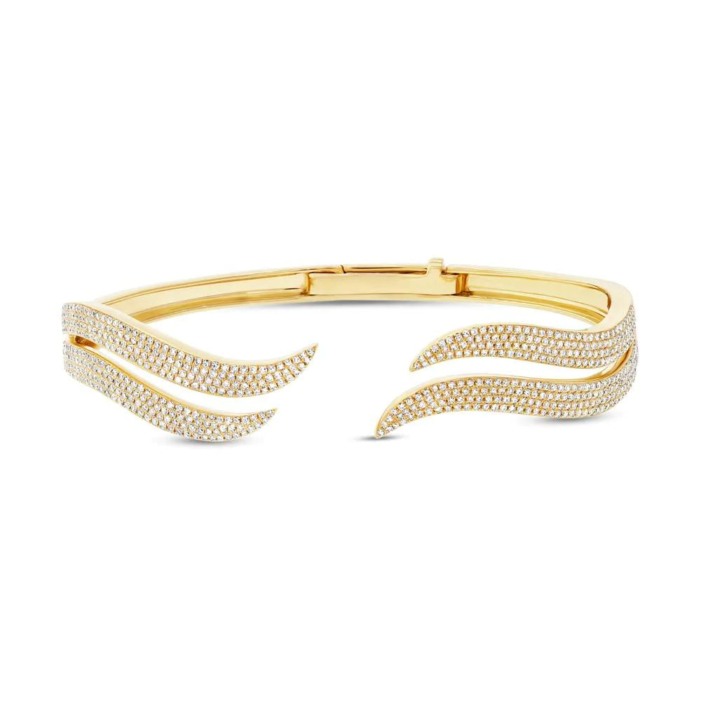 14K Gold 1.59 CT Diamond Claw Cuff Bangle Bracelet Wave Curve Natural Open