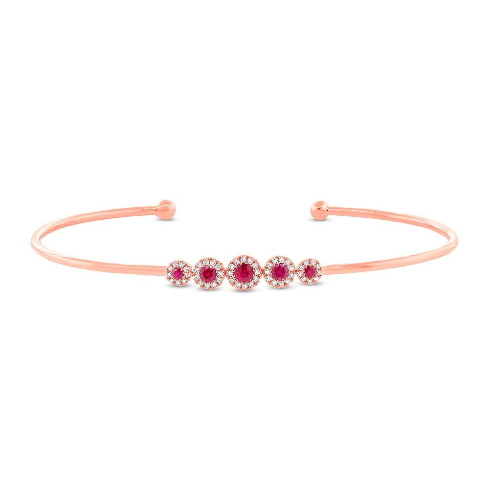14K Gold 0.42 TCW Ruby Diamond Bangle Bracelet Open Stackable Natural