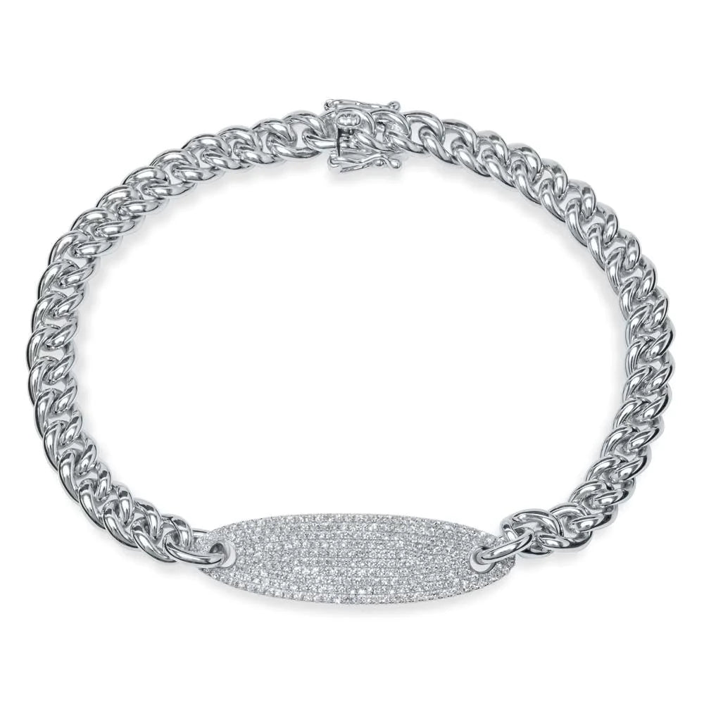 14K Gold 0.56CT Diamond Chain Link Bracelet Cuban Rope ID Bar Round Pave