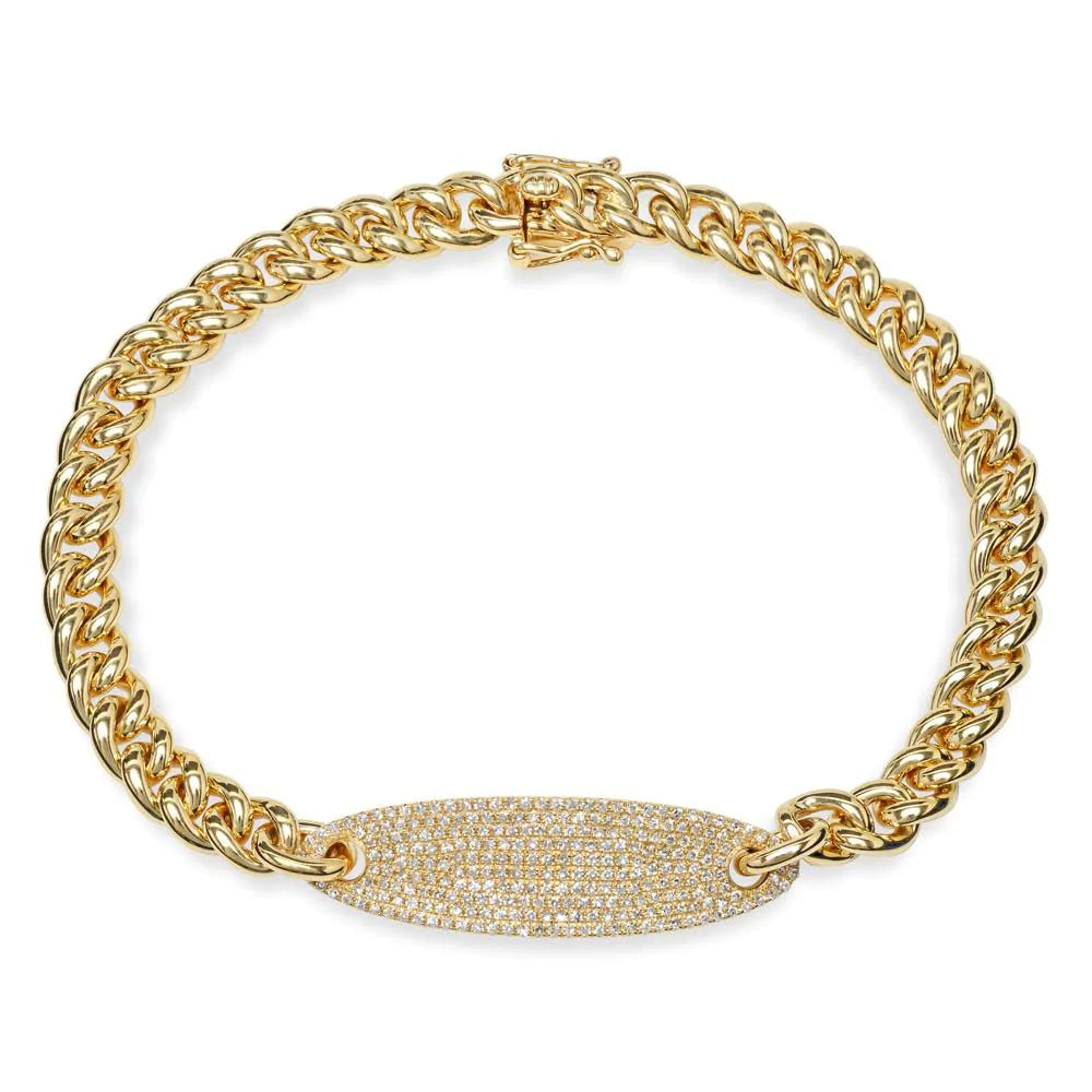 14K Gold 0.56CT Diamond Chain Link Bracelet Cuban Rope ID Bar Round Pave