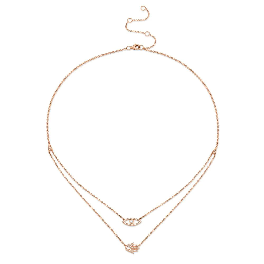 14K Gold 0.24 CT Diamond Eye & Hamsa Hand 2 Charm Pendant Double Chain Necklace