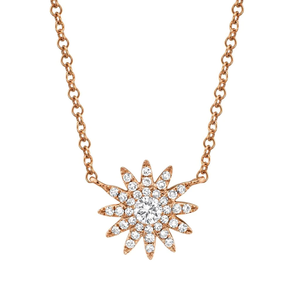 Diamond Starburst Pendant Sunshine Necklace 14K Rose Gold Round Cut Pave 0.15ct