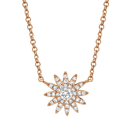 Diamond Starburst Pendant Sunshine Necklace 14K Rose Gold Round Cut Pave 0.15ct