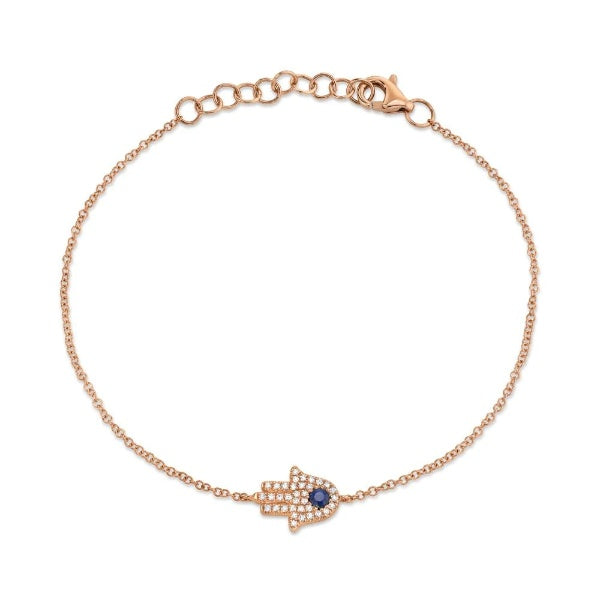14K Gold 0.17 TCW All Seeing Eye Blue Sapphire Hand Hamsa Diamond Bracelet