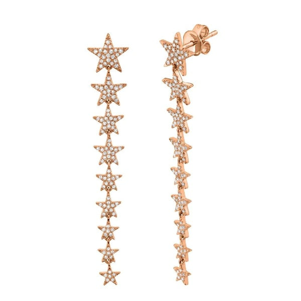 14K Gold 0.51 CT Diamond Star Earrings Dangle Drop Round Cut Graduating Dangling
