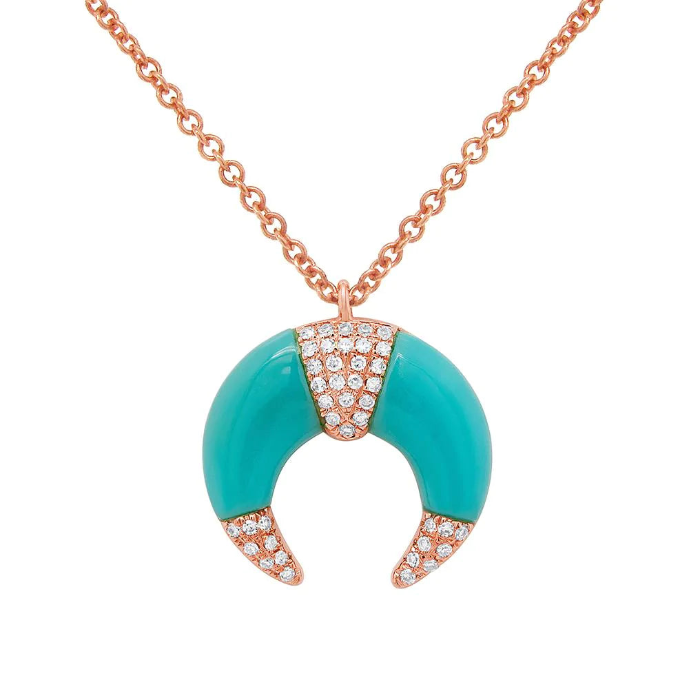 14K Gold 1.53 CT Turquoise Diamond Crescent Pendant Necklace Womens Round Cut Moon