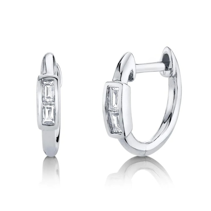 14K Gold 0.10 CT Baguette Diamond Huggie Earrings