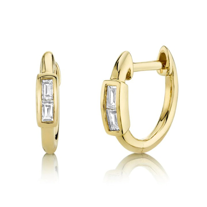 14K Gold 0.10 CT Baguette Diamond Huggie Earrings