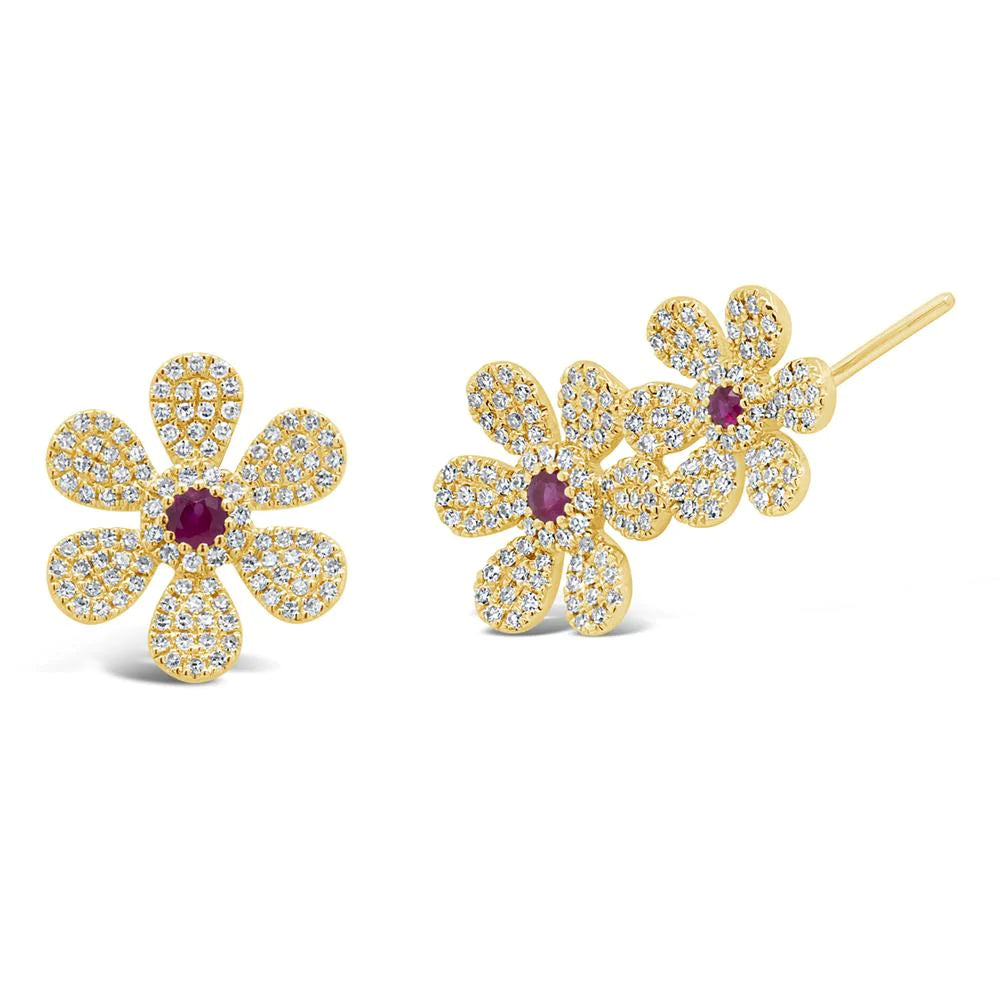 14K Gold 0.17 CT Natural Red Ruby Diamond Ear Crawler Stud Flower Earring Pin Back