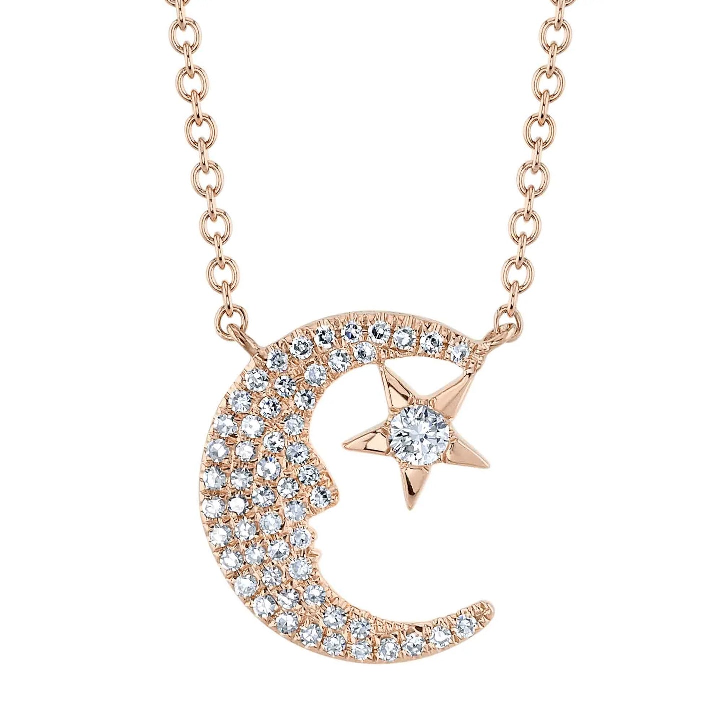 Moon And Star Diamond Necklace 14K White Gold Round Cut 0.16 CT Natural Pendant
