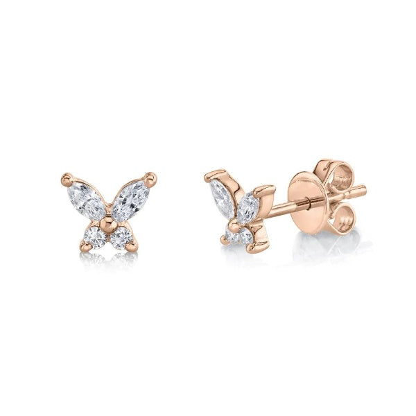 14K Gold 0.22 CT Marquise Diamond Butterfly Stud Earrings Natural Round Push Back