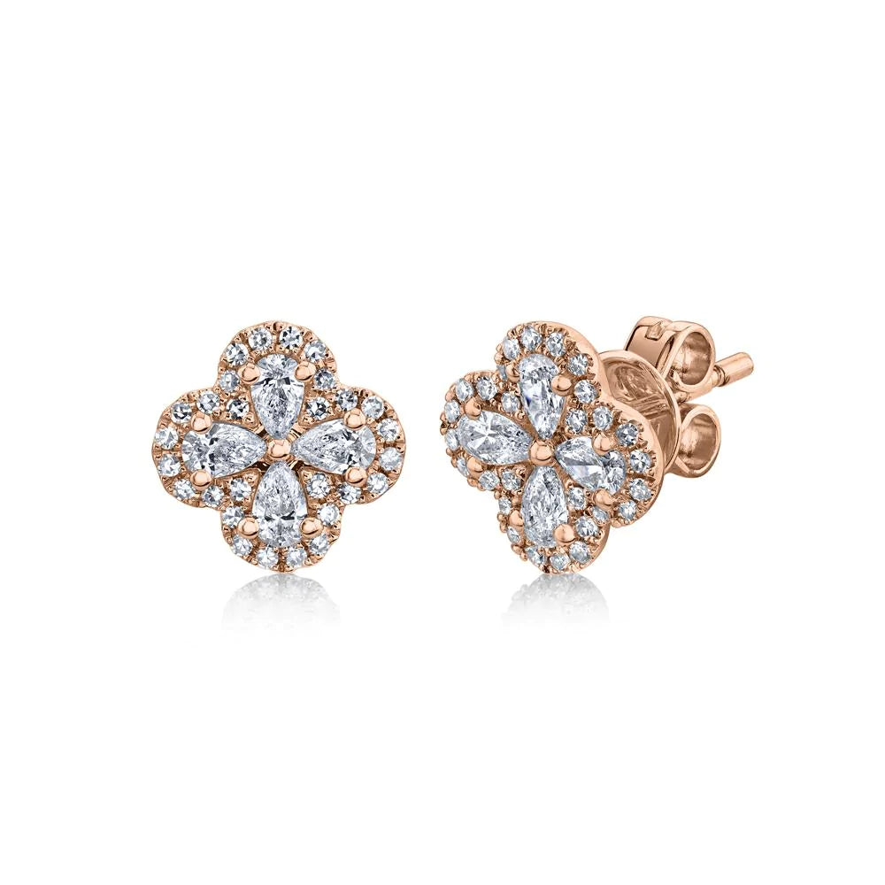 14K Gold 0.60 TCW Diamond Clover Flower Stud Earrings Pear Cut Natural