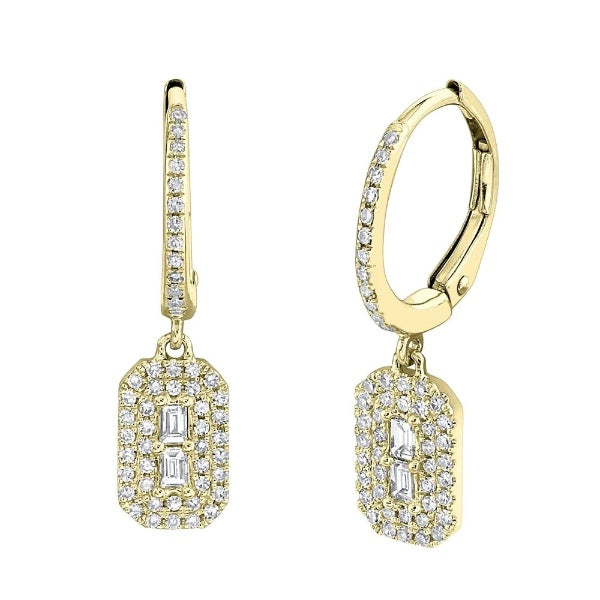 14K Gold 0.32 CT Baguette Diamond Drop Earrings Dangle Natural Rectangular