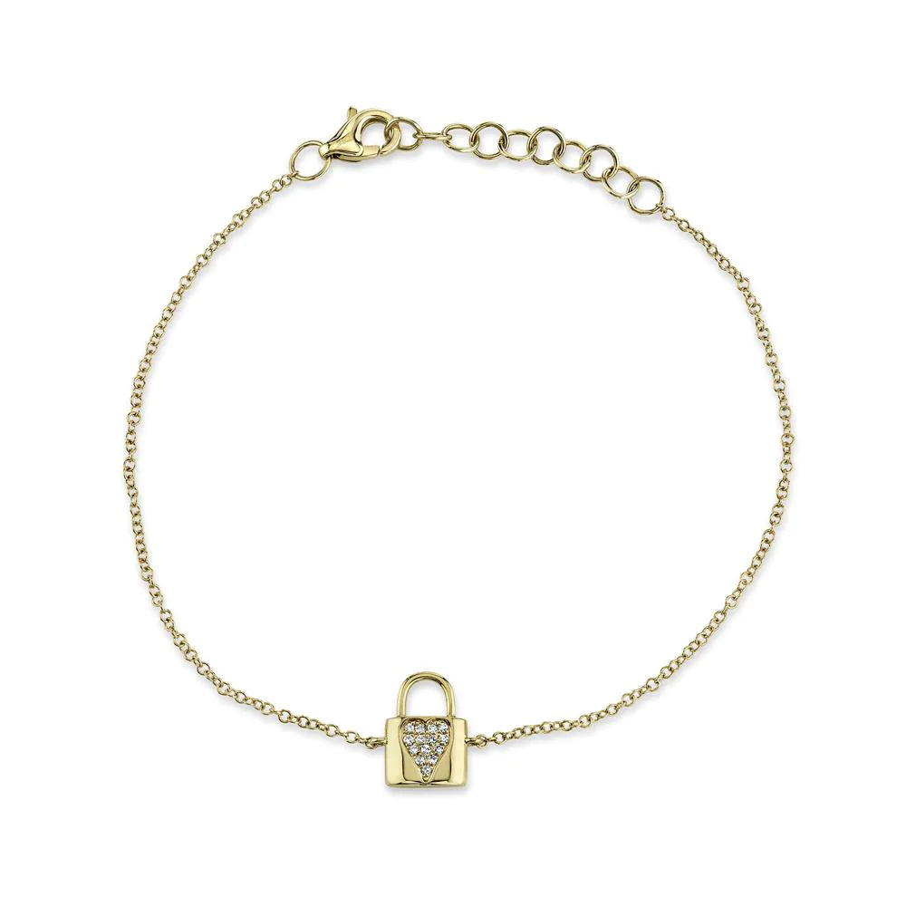 14K Gold 0.03 CT Love Diamond Lock Heart Bracelet Charm Natural Round Cut