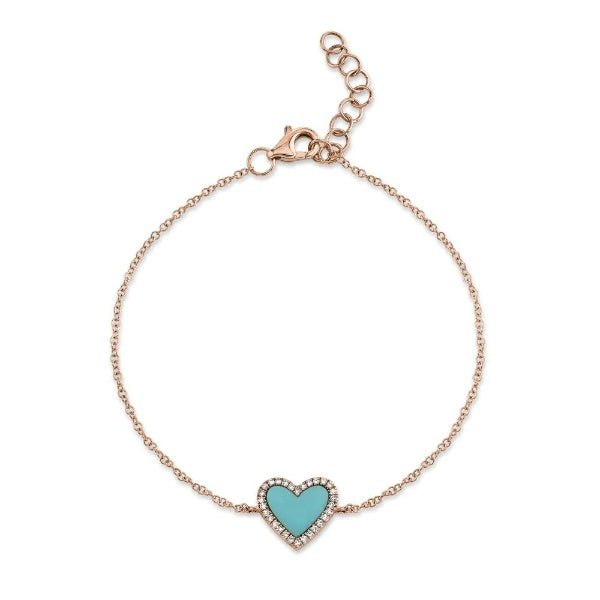 14K Gold 0.60 CT Heart Turquoise Diamond Bracelet Charm Women's Natural Love