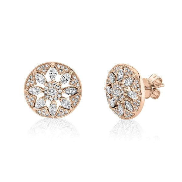 14K Gold 0.57 CT Marquise Diamond Stud Earrings Circle Disc Pushback Round Cut