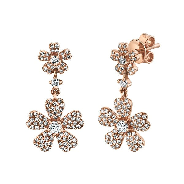 14K Gold 0.54 CT Diamond Flower Earring Drop Dangle Round Cut Pave Natural