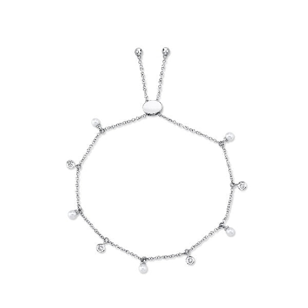 14K Gold 0.04 CT Shaker Pearl Diamond Bolo Bracelet  Bezel Set Dangling Adjustable