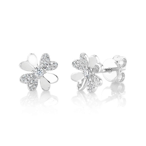 14K Gold 0.14 CT Diamond Clover Stud Earrings Round Cut Natural Pushback