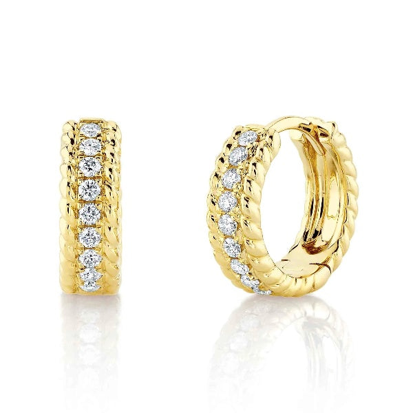 14K Gold 0.18 CT Diamond Braid Huggies Earrings Hoop Round Cut Natural