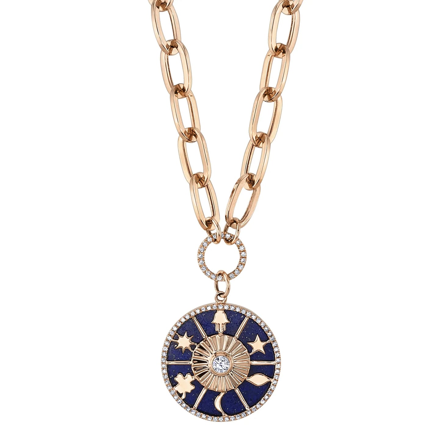 14K Gold 4.43 CT Lapis Diamond Necklace Hamsa Star Moon Clover Paper Clip Necklace Disc