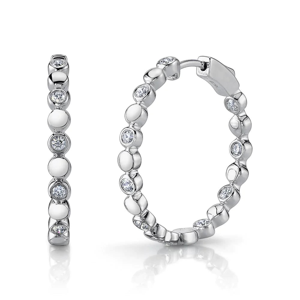 14K Gold 0.50 CT Bezel Set Diamond Hoop Earrings Inside Outside Round Cut