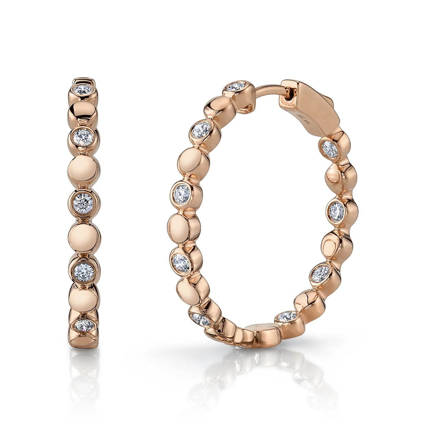 14K Gold 0.50 CT Bezel Set Diamond Hoop Earrings Inside Outside Round Cut