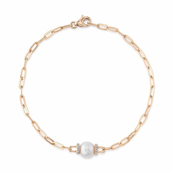 14K Gold 0.07 CT Diamond And Pearl Bracelet In Womens Link Chain Round Cut