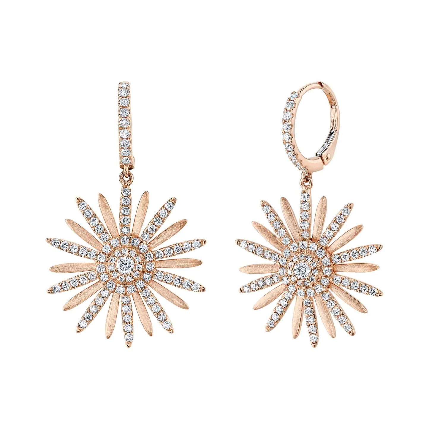 14K  Gold 1.10 CT Diamond Flower Earrings Matte' Finish Drop Dangle Round Cut