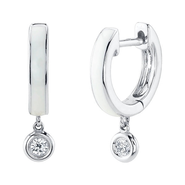 14K Gold 0.08 CT Diamond White Enamel Huggie Earrings Drop Round Cut Bezel Set
