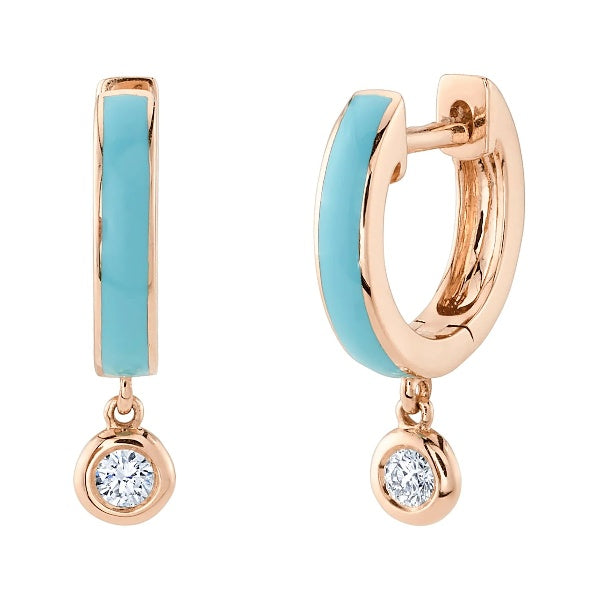 14K Gold 0.08 CT Diamond Turquoise Enamel Huggie Earrings Drop Round Bezel Set