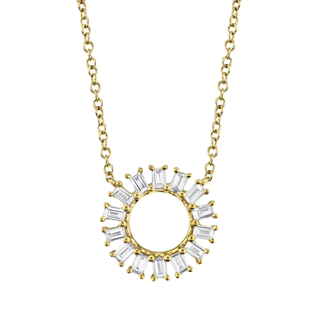 14K Gold 0.26 CT  Natural Baguette Cut Diamond Open Circle Pendant Necklace