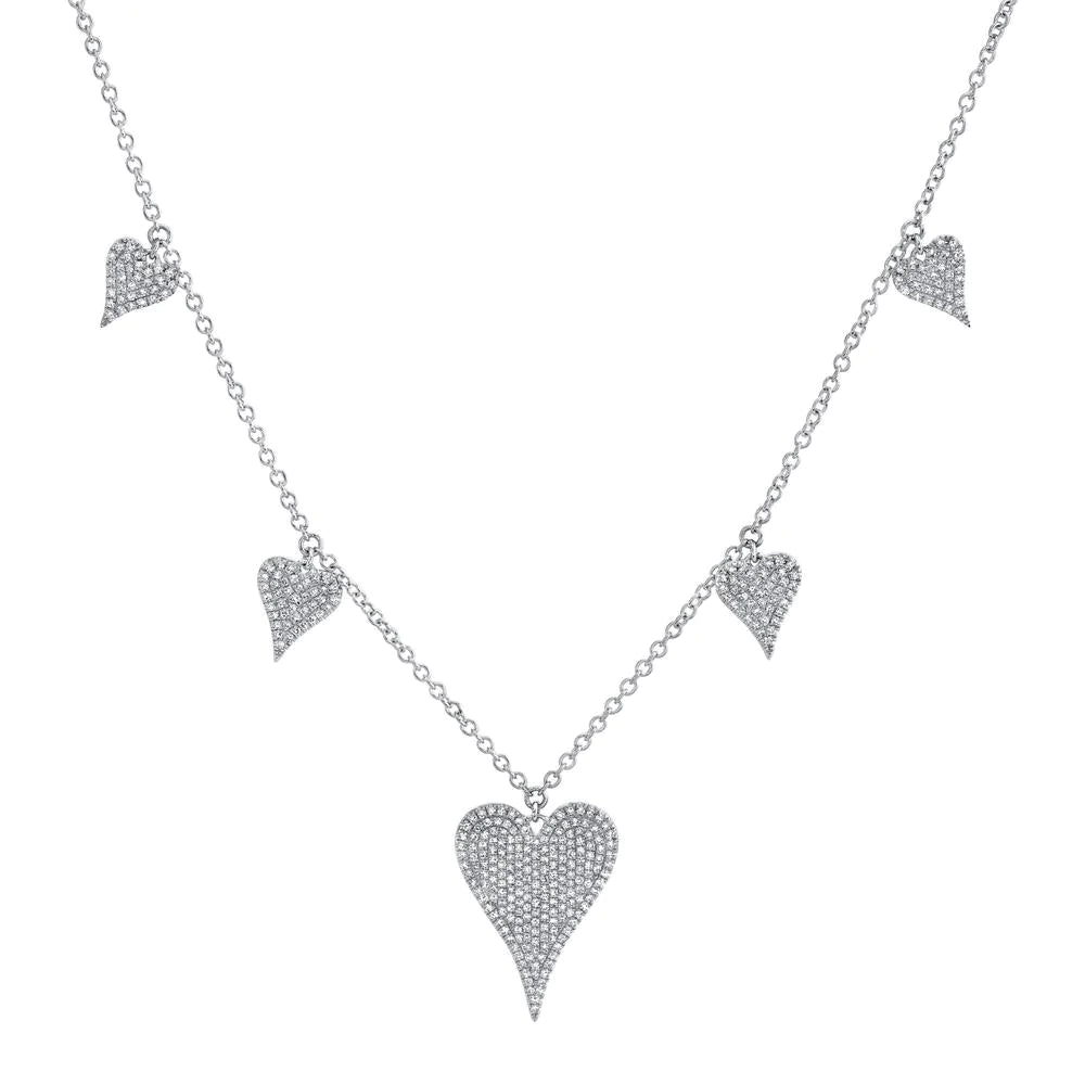 14K Gold 0.72 CT Diamond Hearts Necklace Pave Set Round Cut Natural