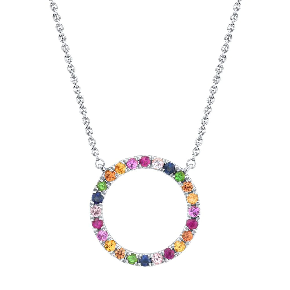 14K Gold 0.29 CT Multi Color Sapphire Gemstone Open Circle Pendant Necklace